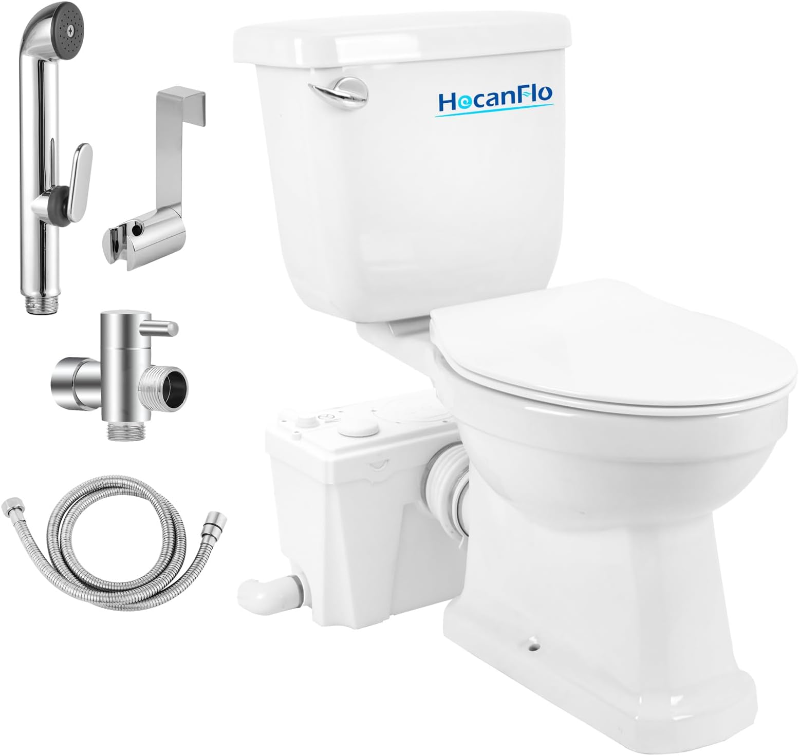 500Watt Upflush Toilet with Bidet Sprayer- Macerating Toilet withToilet Bowl,Toilet Tank and Macerator Pump with 4 Water Inltes for Kitchen Sink, Bathroom, Laundry
