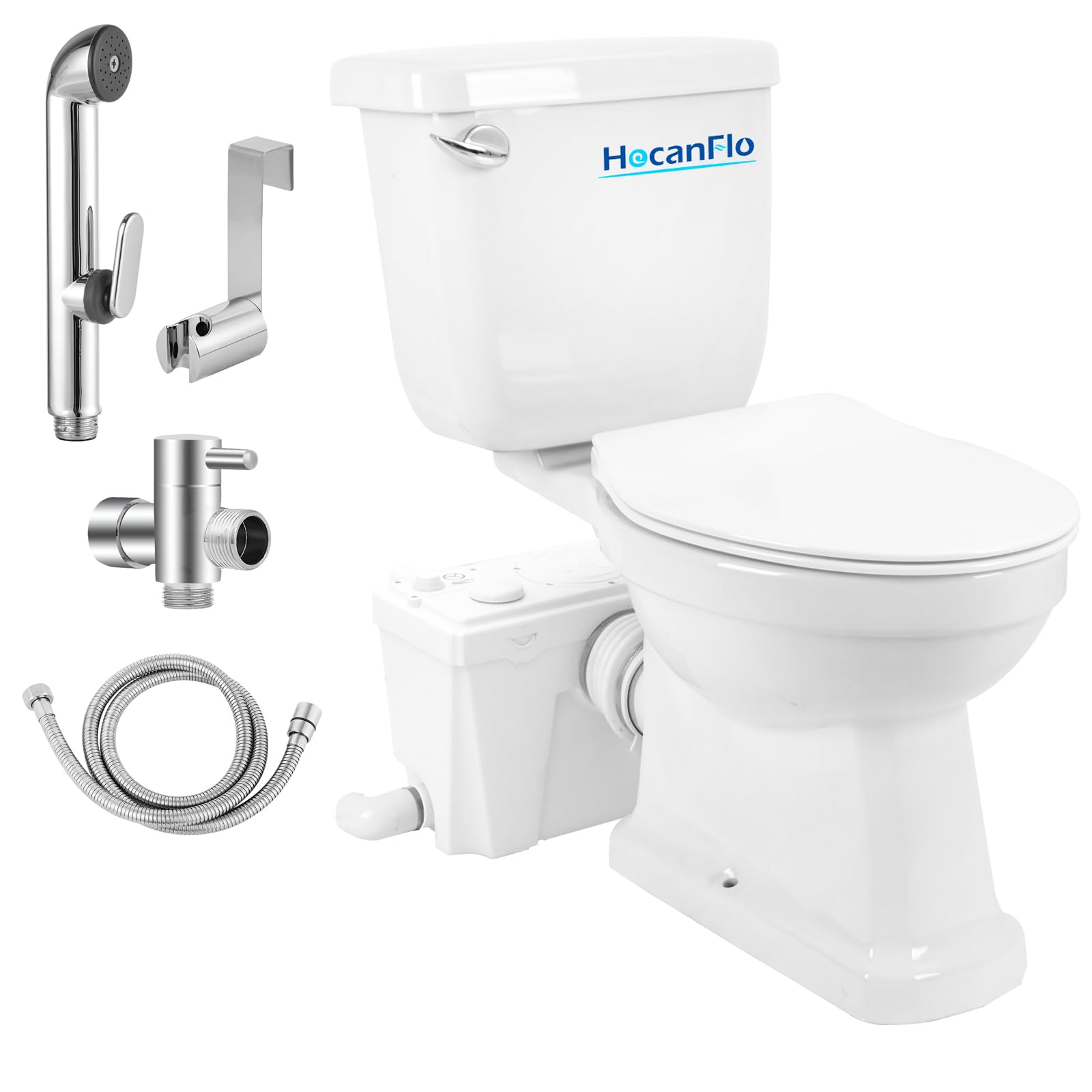500Watt Upflush Toilet with Bidet Sprayer- Macerating Toilet withToilet Bowl,Toilet Tank and Macerator Pump with 4 Water Inltes for Kitchen Sink, Bathroom, Laundry