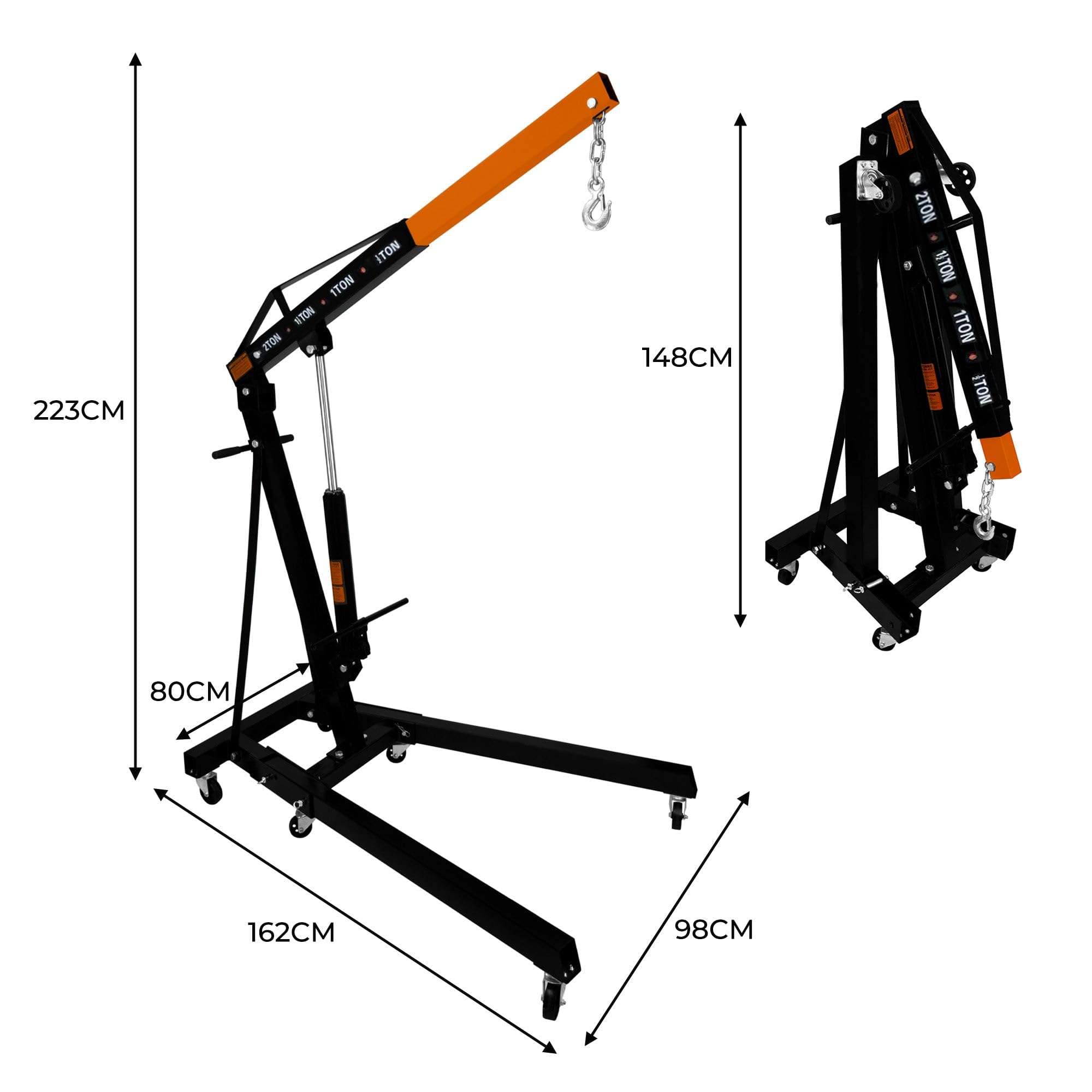 Set Grúa de Motor Capacidad 2 Toneladas + Equilibrador de Carga 900kg | Manilla de Bomba Hidráulica | 4 Posiciones de Brazo | Patas Plegables | Ruedas | Mango Ajustable p/afinar Centro de Gravedad