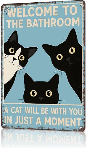 Divertida placa de decoración de gato negro vintage  Letrero de metal retro con texto en inglés Welcome To The Bathroom Cat  Placa de metal de