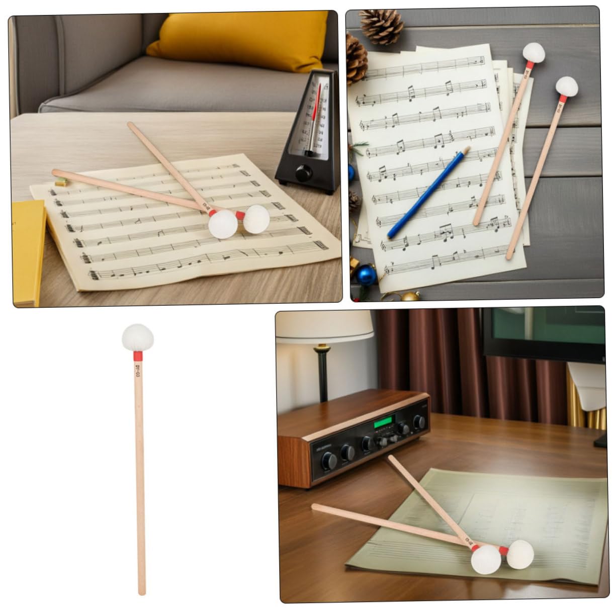 BESPORTBLE 4pièces Baguettes De Batterie Feutre Blanc Lot De Mailloches De Timbales à Manche Bois Pour Percussion Douce Xylophone Carillon