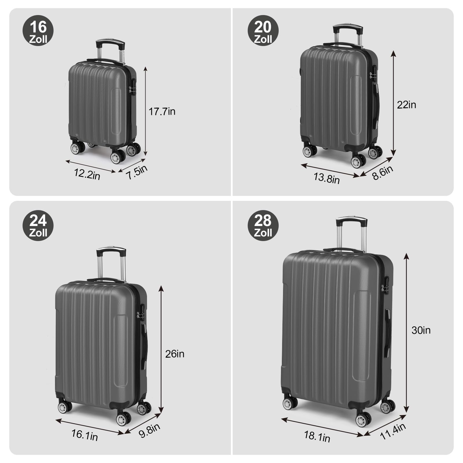 Bonnlo Juego de Maletas de 5 Piezas, Maletas rígidas, Set de Equipaje con 4 Ruedas, Maletas y trolleys de Cabina S-M-L-XL, Maleta Grande (4, Gris Oscuro)