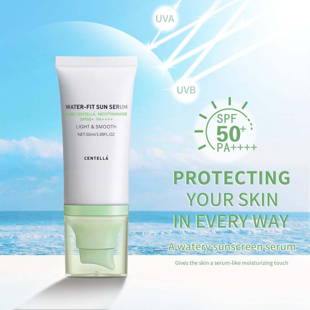 2 Pcs Centella Sunscreen, Centella Water-Fit Sun Serum SPF 50+ Light & Smooth Hyalu Cica Sunscreen - Image 6