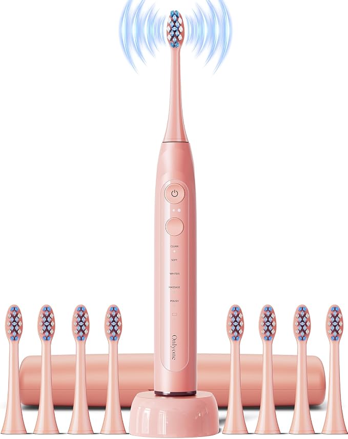 Onlyone Sonic Electric Toothbrush – main product view showing pink handle, brush head, and charging base