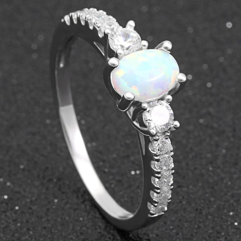 Emily Oval Engagement Ring for Women by Ginger Lyne | Statement Birthstone Ring for Her Simulated White Opal Sterling Silver Cubic Zirconia Accents October Birth Month Jewelry