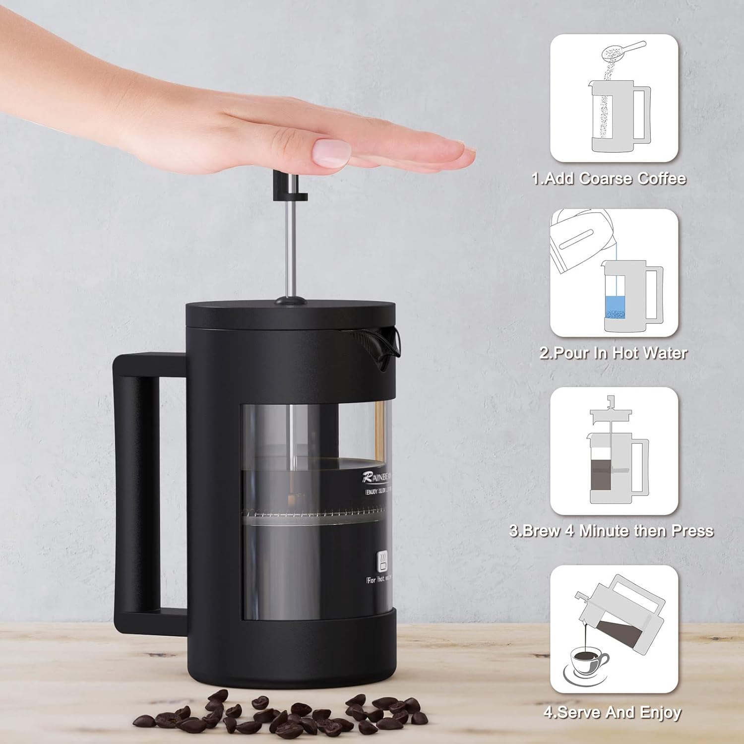 RAINBEAN Cafetiere Coffee Press 2 Cups/350ml, Glass French Press Coffee Maker, 3 Level Filtration System - Image 5