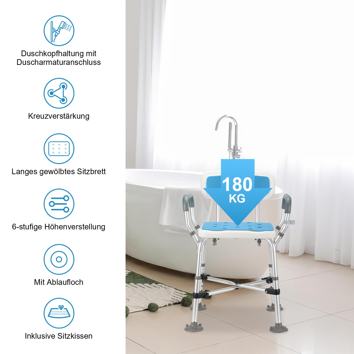 Taboret prysznicowy, krzesło prysznicowe, regulacja wysokości 40-53 cm, taboret kąpielowy z podłokietnikami i oparciem, poduszka do siedzenia, prysznic i podwójnie wzmocniona belka