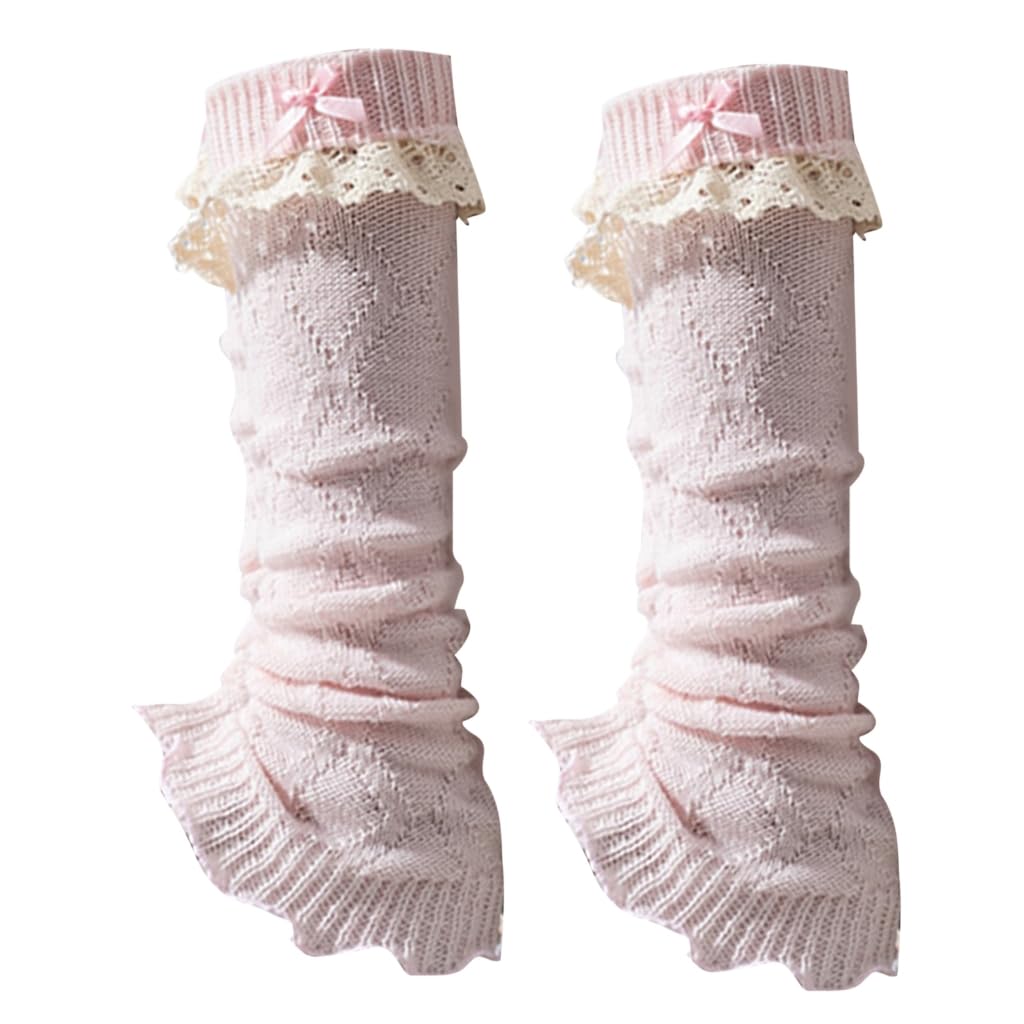 Mzran Women's Pink Waves Bowknot Knitted Leg Warmers For Girls, Fairycore Knitted Leg Warmers Calf Socks Japanese Sweet Bowknot Ruffled Lace Trim Leg Covers Boot Cuffs Stockings