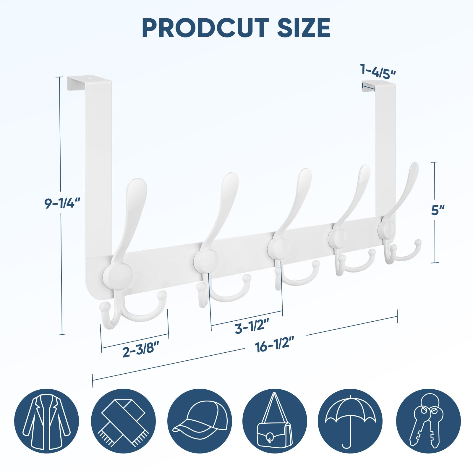 TICONN Ganchos para colgar sobre la puerta, 5 percheros resistentes de metal para chaquetas, sombreros, toallas, bolsas en el baño, dormitorio, dormitorio (blanco, 2 unidades)