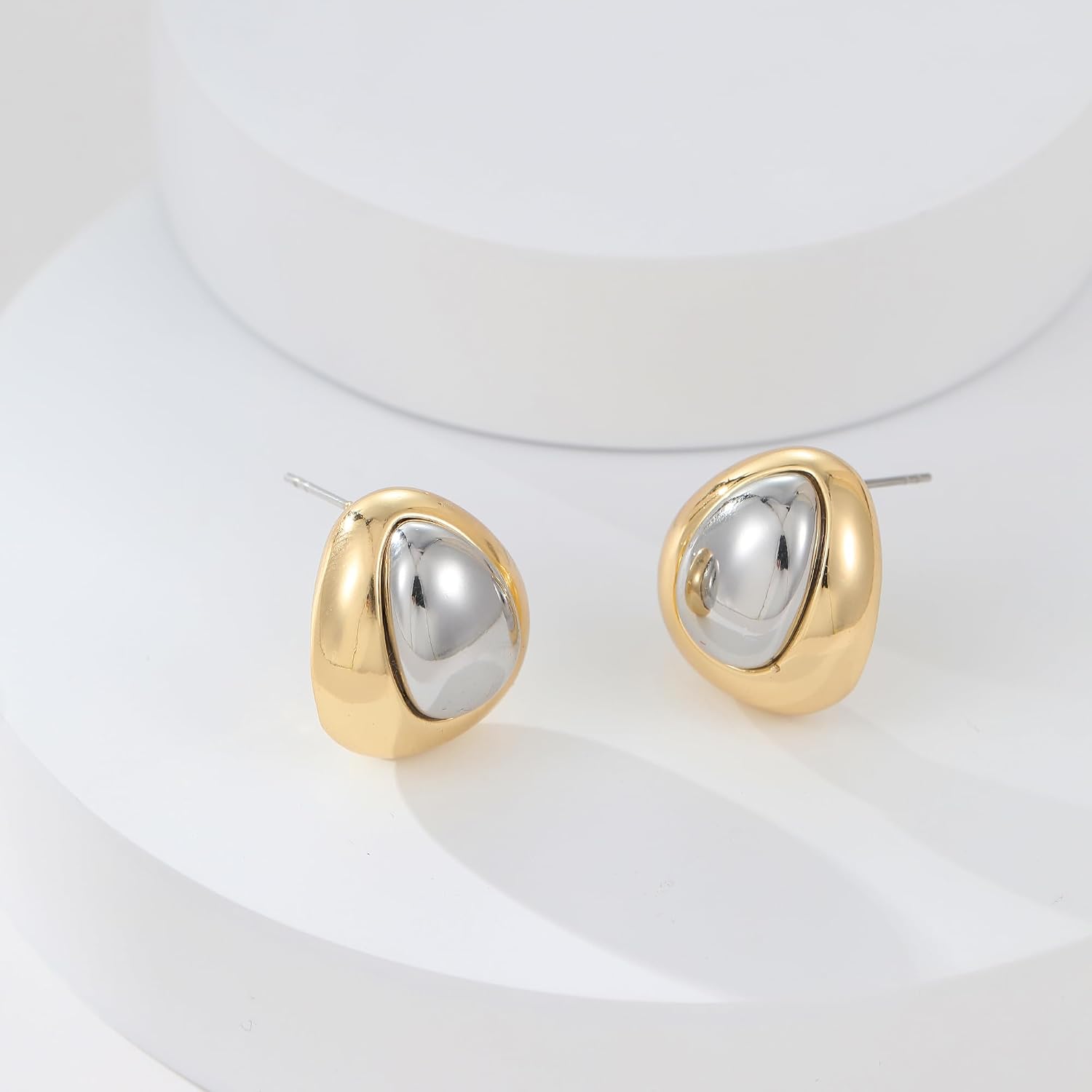 YUJIE Two Tone Studs Earrings Mixed Metal Earrings for Women Gold Plated Chunky Round Teardrop Earring Thick Trendy Modern Jewelry