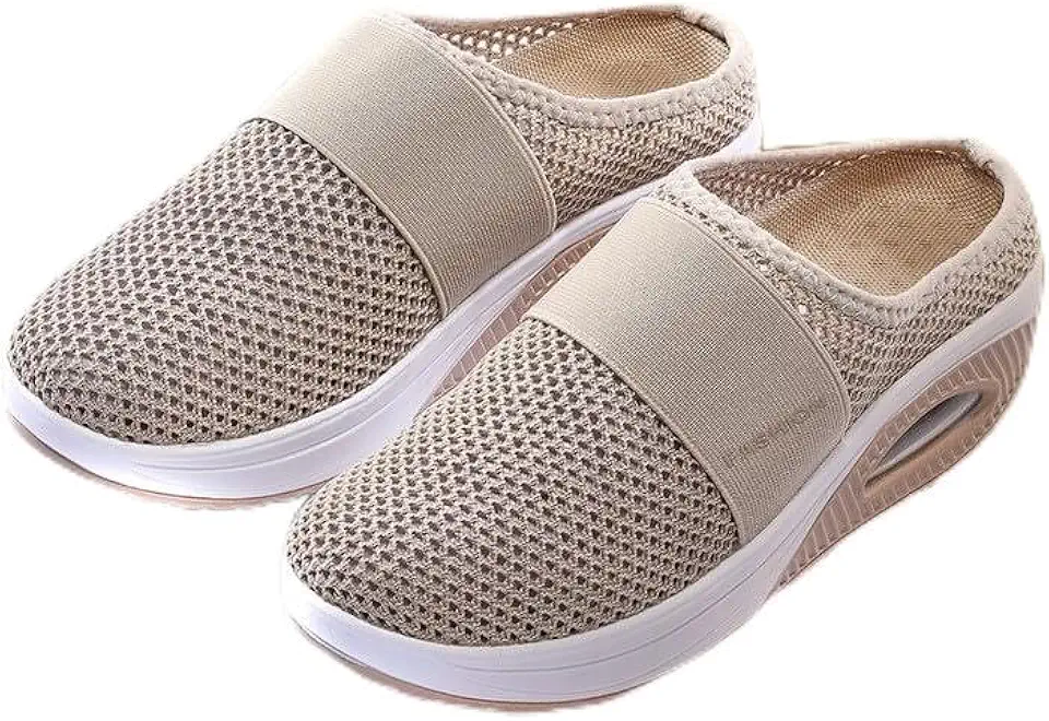 Tênis de caminhada para mulheres, masculino, sem fecho, mãos livres, bico largo, suporte de arco, ortopédico, acolchoado, sola grossa, zero gota, bege