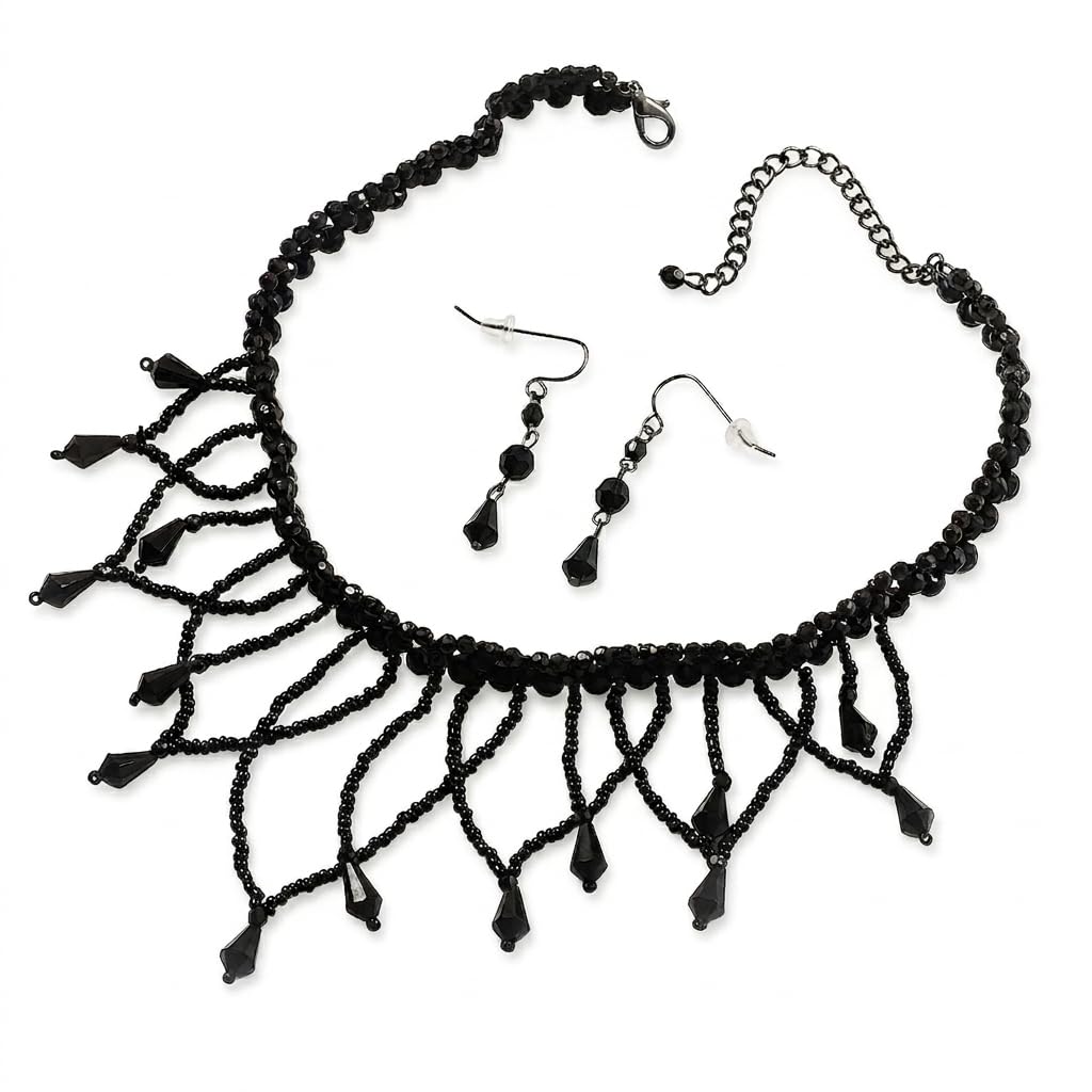 Collar y pendientes de cuentas acrílicas negras góticas Avalaya bisutería plástica negra 8
