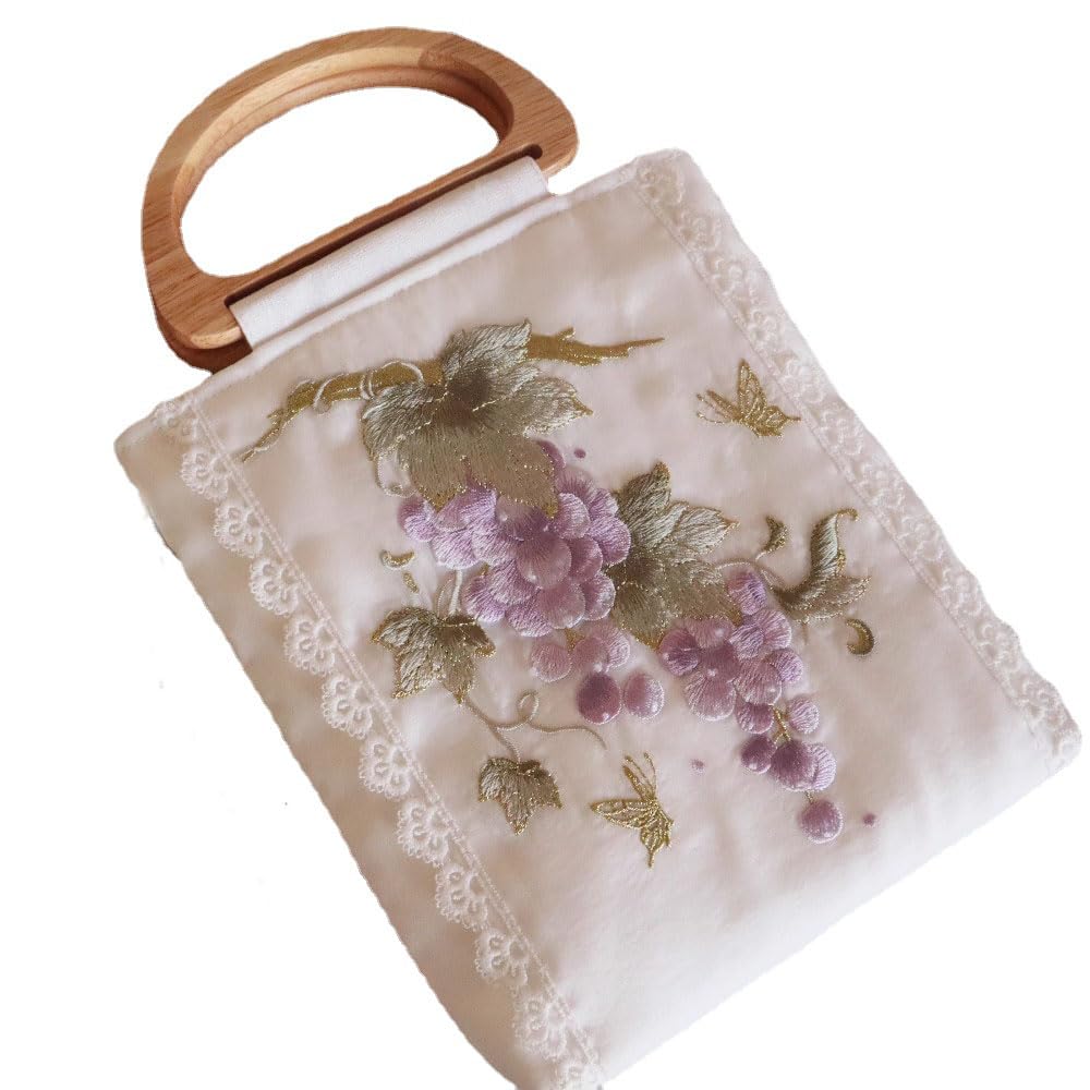 Sac à main brodé de raisin avec poignée en bois, l'élégance Hanfu