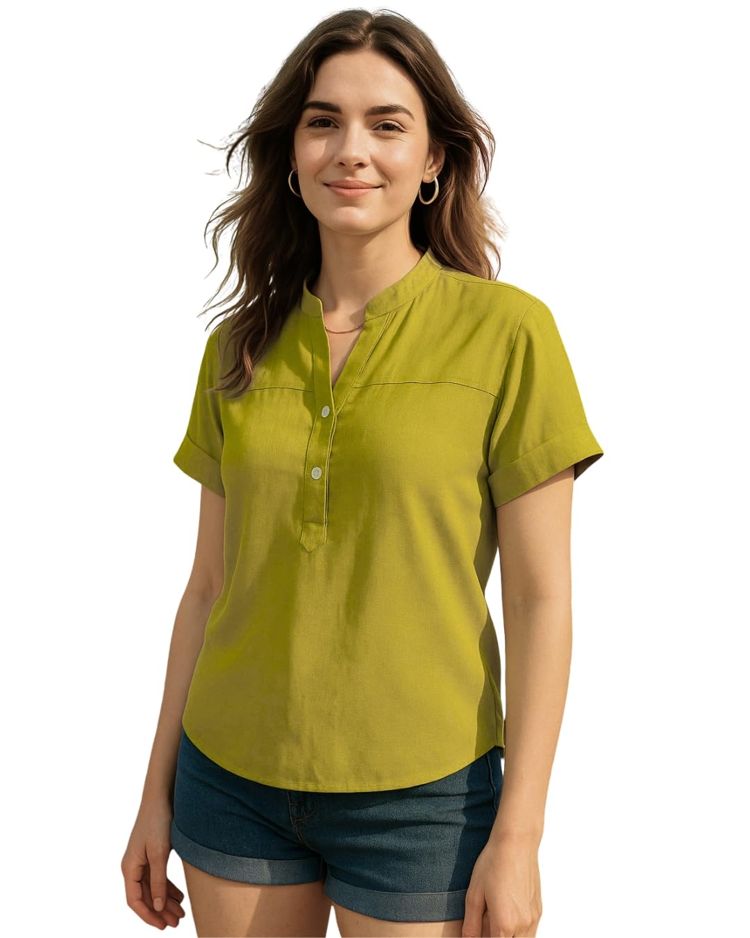 maaesa Women Lime Green Solid Rayon Loose Fit Top | Mandarin Collar | Short Sleeves | Lightweight & Breathable Fabric | Casual Wear | Office Wear-picture-52