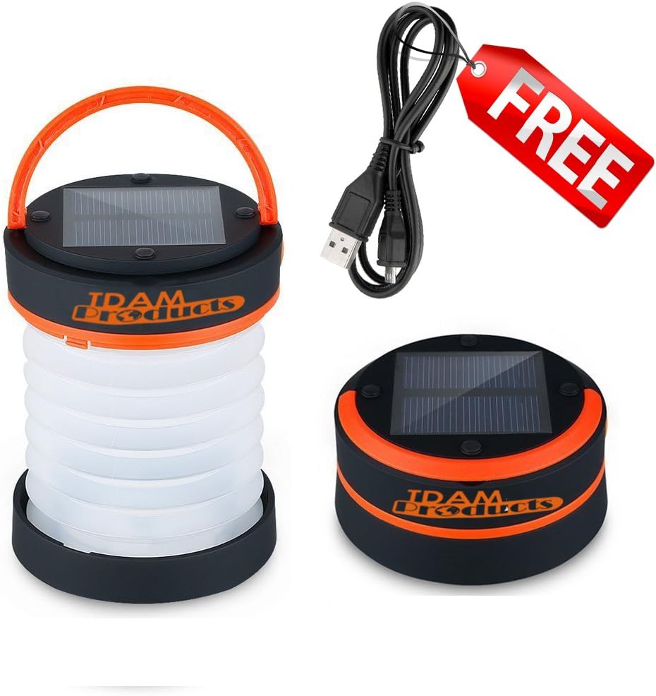 50% OFF LED Camping Lantern Light + FREE USB Cable, Rechargeable Solar Panel and USB Charging Collapsible Flashlight for Outdoor Hiking Tent Lawn plus Emergency Charger for Phone, Water-Resistant