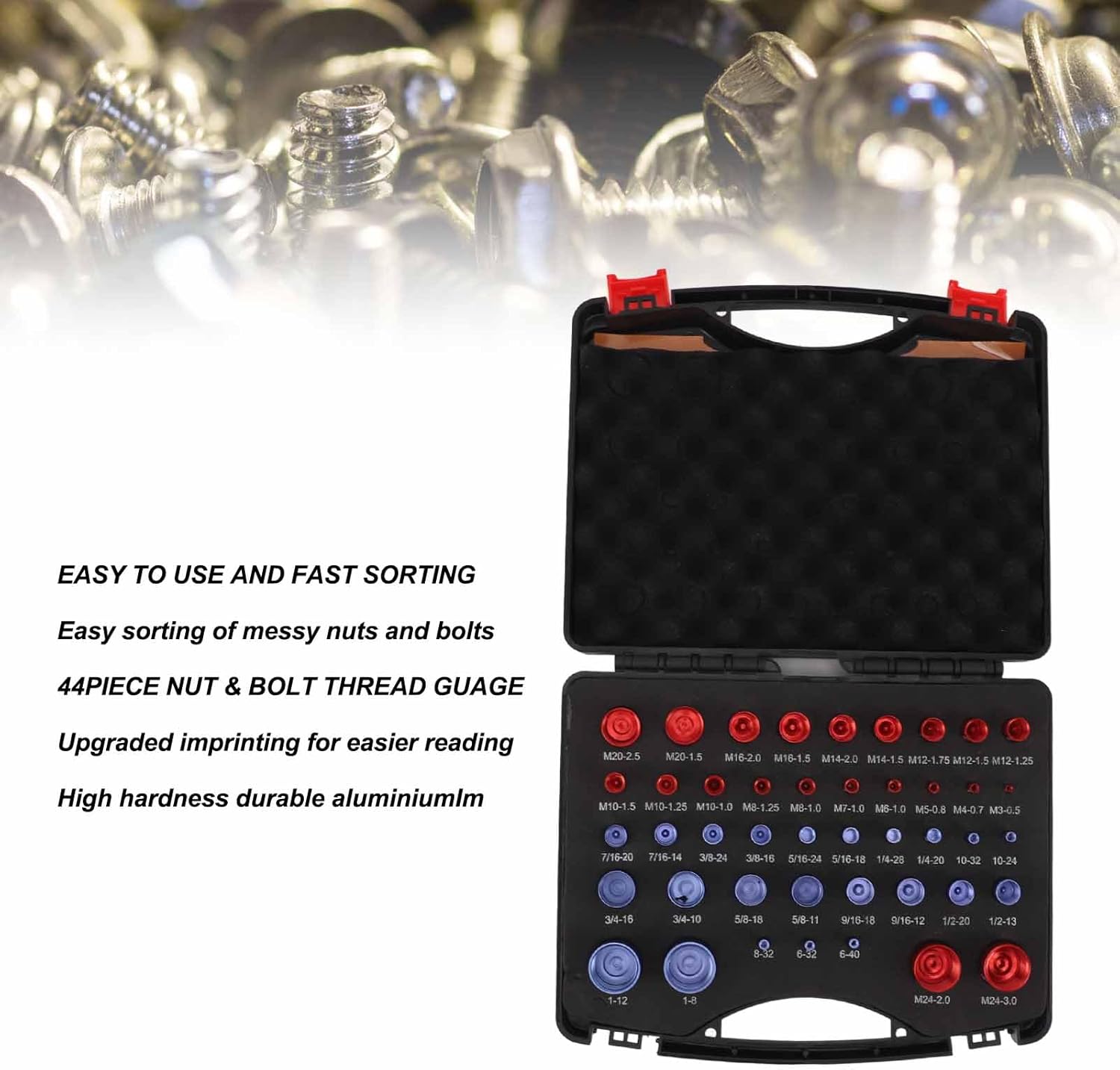 44個 ナットとボルトスレッドチェッカー 赤と青 サイズゲージ インチメトリックナットとボルト識別ゲージセット ボルトとナットのねじ