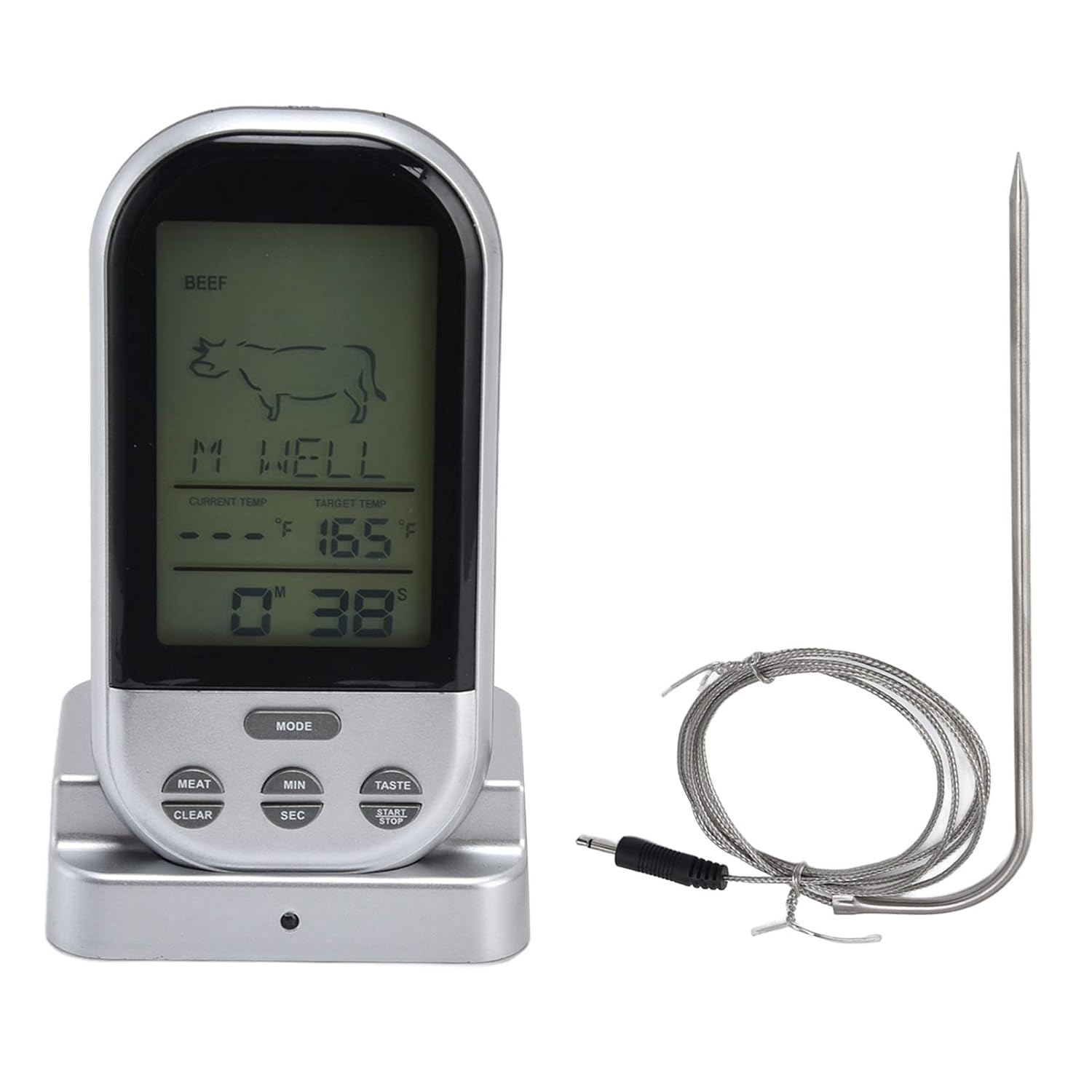Wireless Meat Thermometer with Timer and Alarm, Digital Food Temperature Meter for Kitchen, Barbecue, Oven, Grill Cooking, 8 Meat Types and 5 Taste Levels
