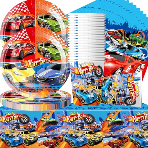 Doyomtoy Louça de carro de corrida, temática de carros de corrida para 20 convidados, papel com toalha de mesa, pratos, guardanapos e copos de papel para aniversários infantis kit de louça de aniversário
