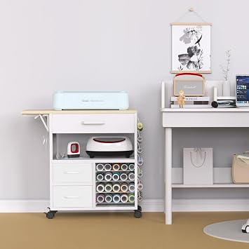 Rolling Craft Storage Cart with Heat Press Cart and Organizers - Compatible with Cricut Machines, Perfect Craft Organization Workstation (White, 27.2 H)