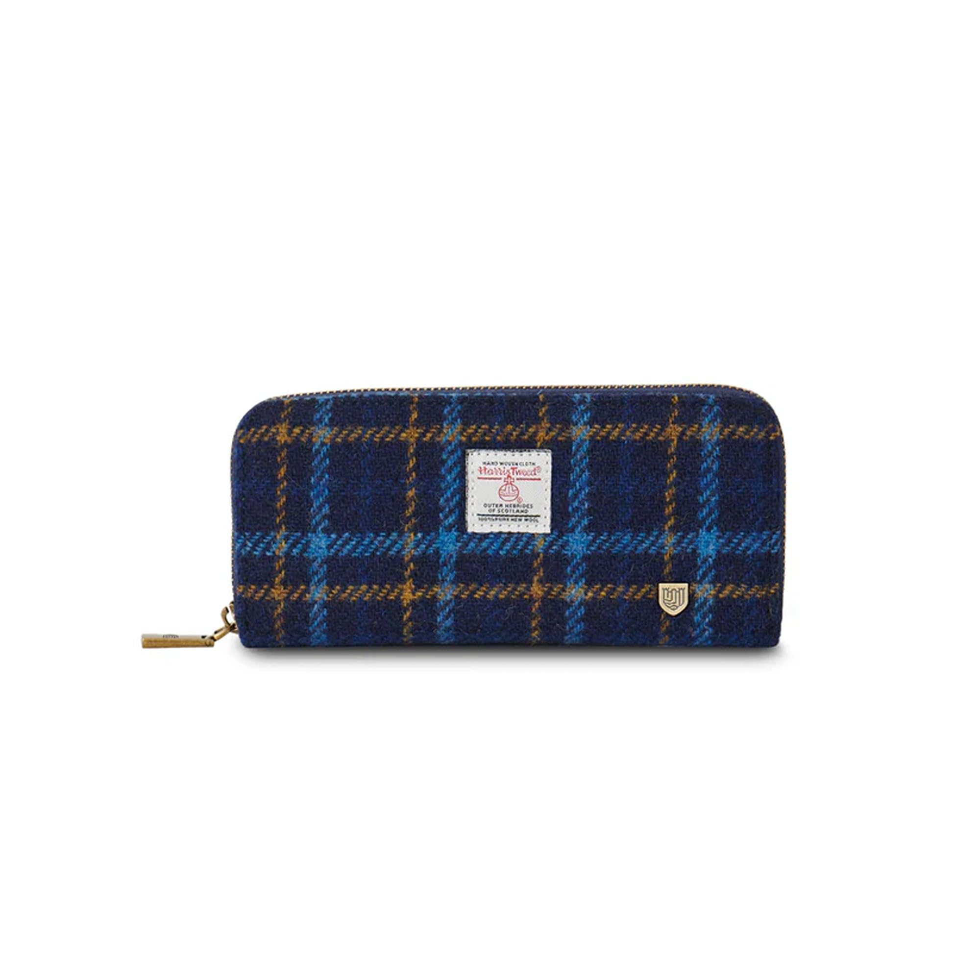 Islander HarrisTweed &amp; PU Leather women’s long zip purse, Carry Cash &amp; card, Scottish Style, Navy Tartan