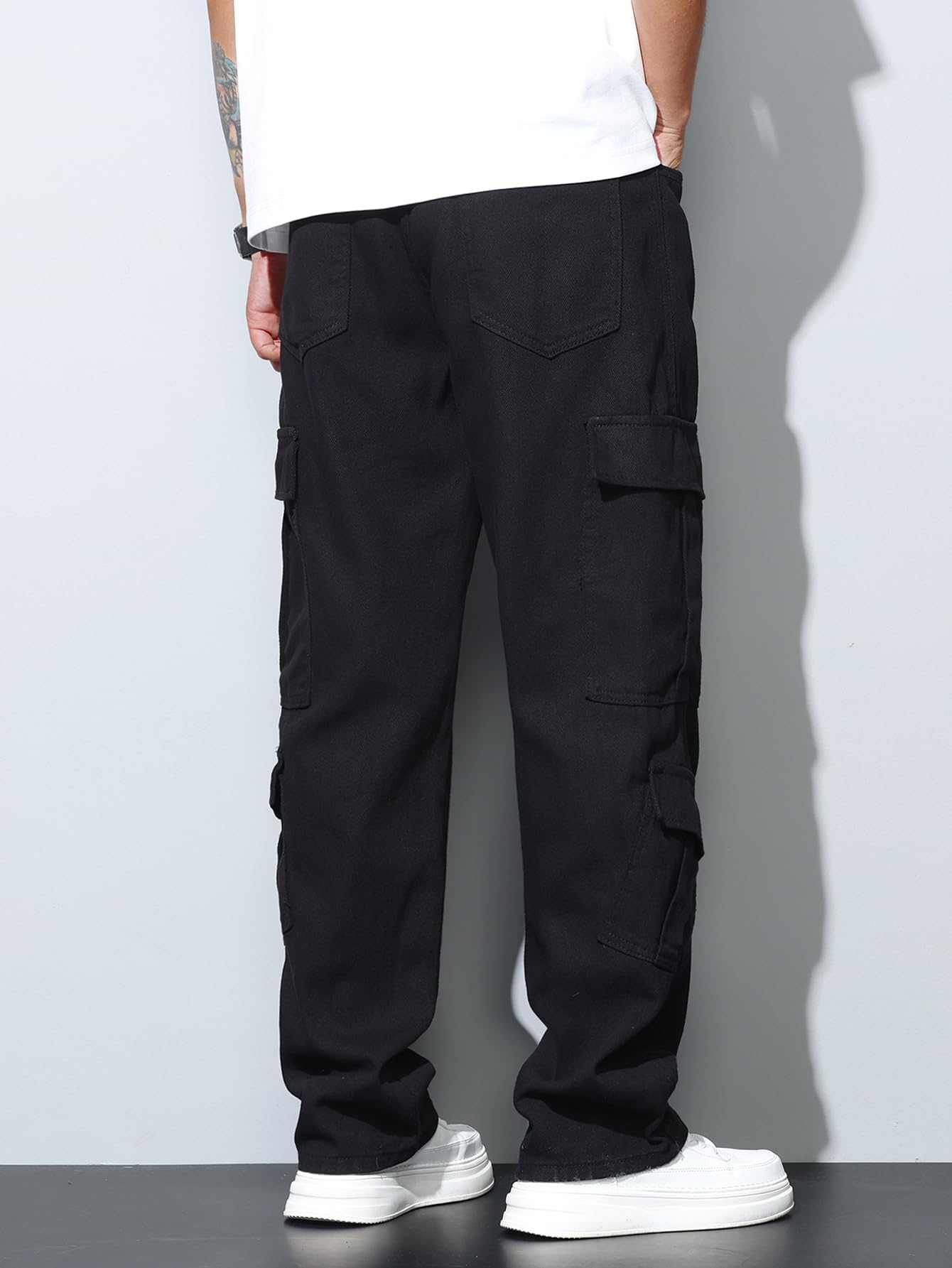 Uomo Casual Baggy Cargo Denim Pants con Tasche Gamba Larga Skater Jeans Y2k Hip Hop Streetwear