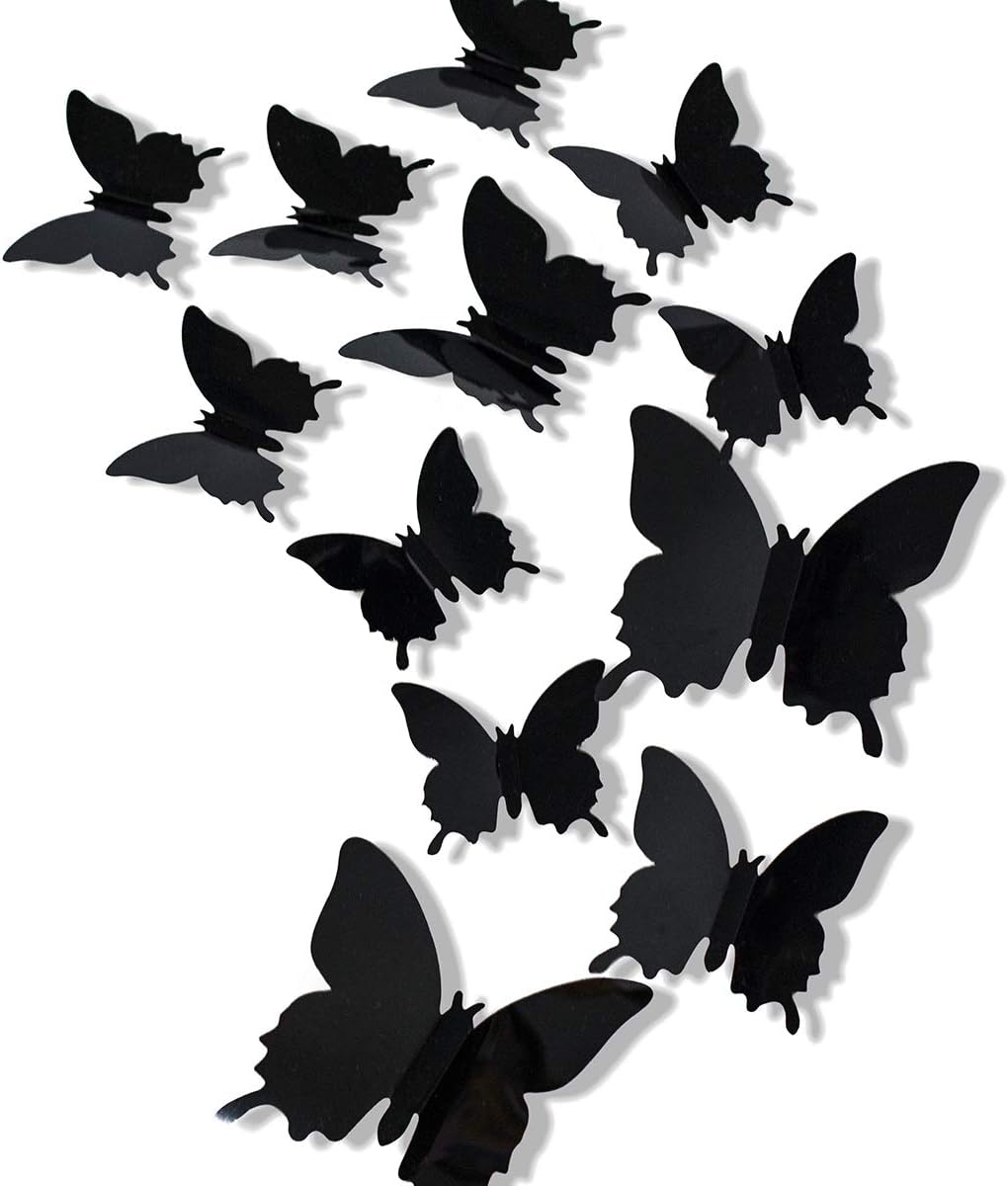 24Pcs 3D Butterfly Removable Mural Stickers Wall Stickers Decal for Kids Girls Baby Women Bedroom Bathroom Living Room Halloween Decor(Black)