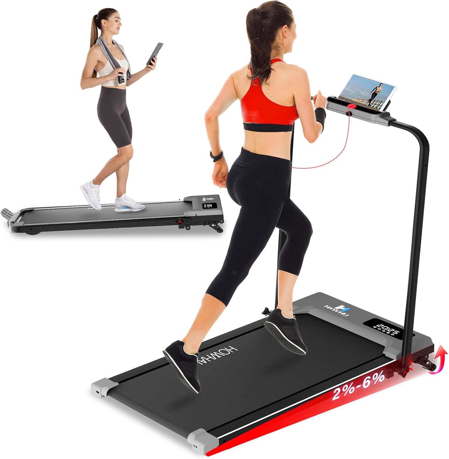 Walking Pad Treadmill with Incline, 2 in 1 Foldable Under Desk Treadmills for Home/Office, Portable Treadmill with App, Bluetooth Music, Remote Control & LED Display (300lbs Capacity)