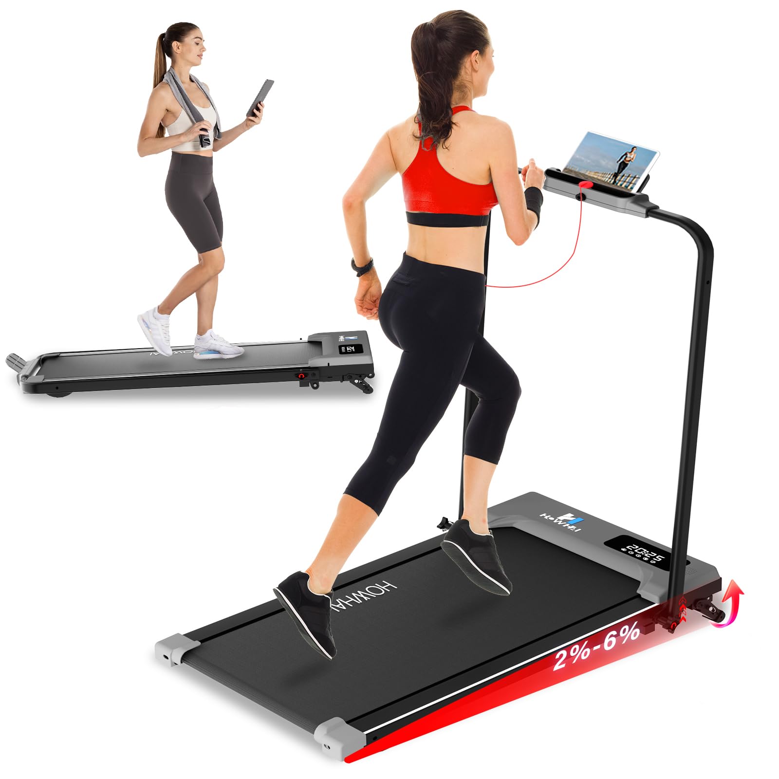 HOWHAI Walking Pad Treadmill with Incline, 2 in 1 Foldable Under Desk Treadmill for Home/Office, Portable Treadmill with App, Music Speaker, Remote Control & LED Display (300lbs Capacity)