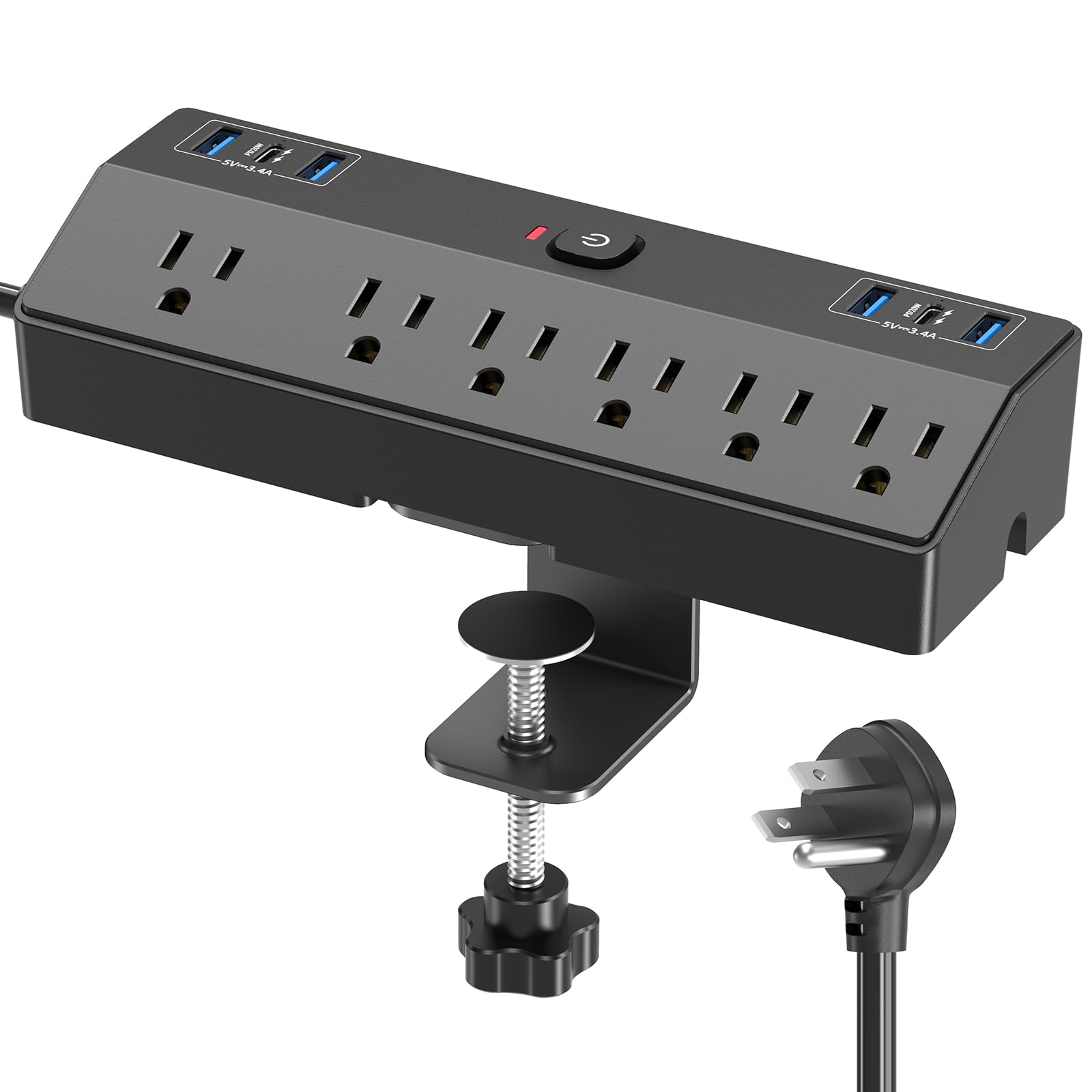 Desk Clamp Power Strip with 40W Fast Charging Station, JXGUCAT 10ft Flat Plug Power Strip Surge Protector, 2 USB-C Ports, 6 AC Outlets, Fit 2.48"