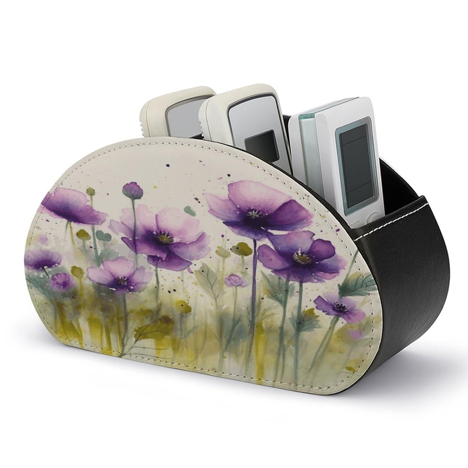 FekiLoot Watercolor Purple Flowers Remote Control Holder with 5 Compartments Multi-functional TV Remote Caddy Organizer Leather TV Remote Holder Desktop Organizer Store for Bedside Table Office Desk