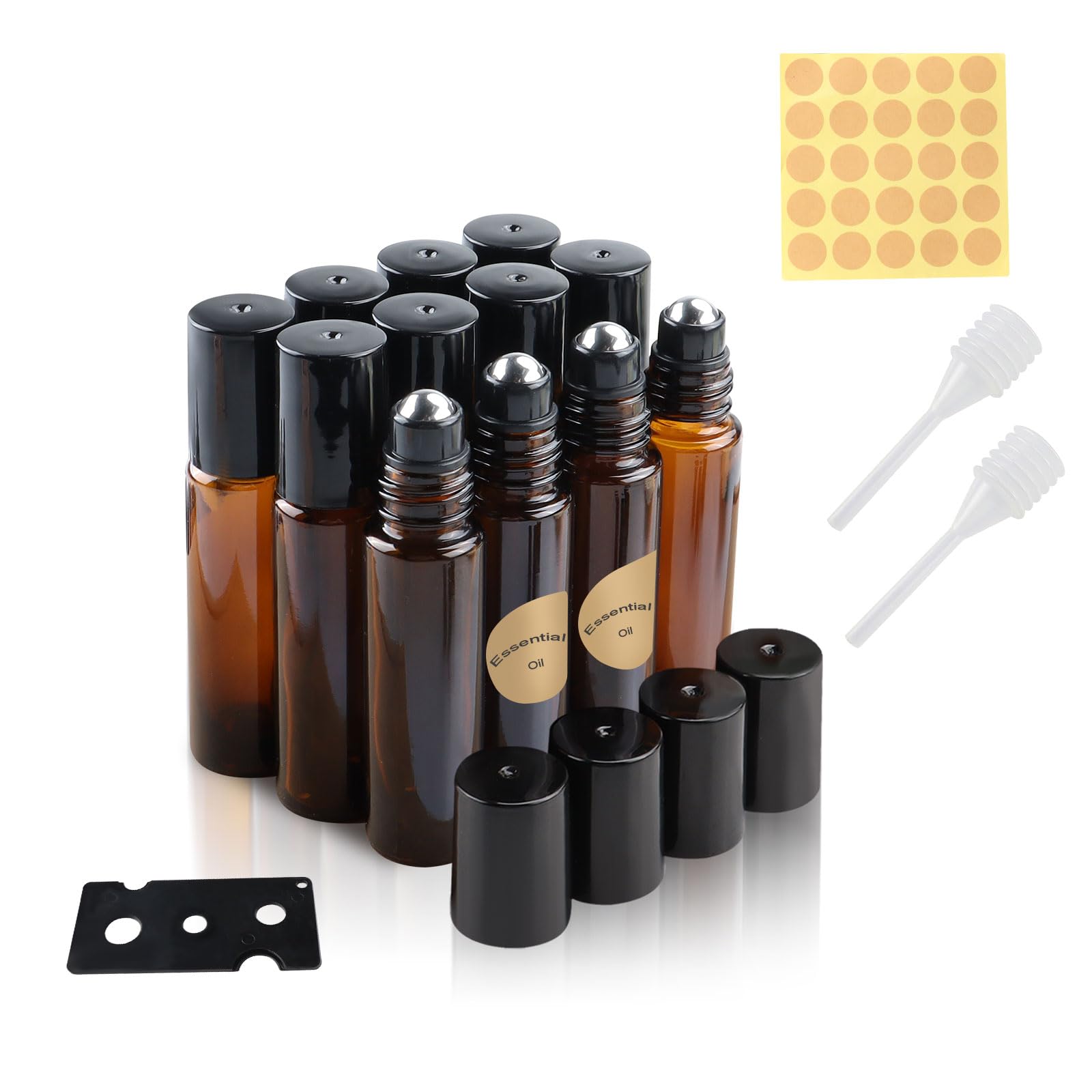Roll on Aceites Esenciales 10ml, 12 pcs Roll On Rellenable con Roll-on Bola de Acero Inoxidable, Essential Oil Bottle, Marrón Botellas Roll On Cristal para Perfumes, Masajes, Aromaterapia