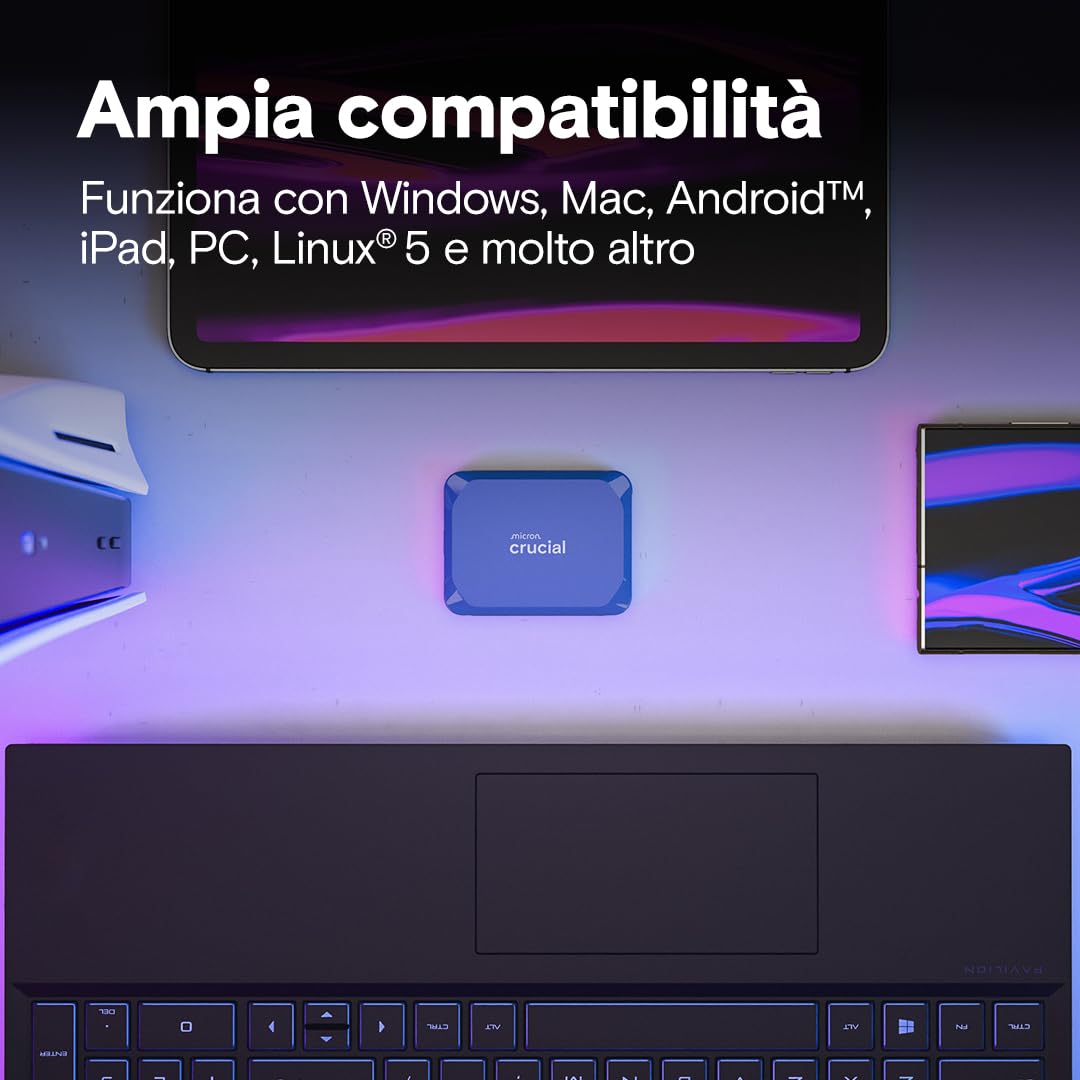 Crucial X10 SSD Esterno 6TB, Fino a 2100 MB/s, USB-C 3.2 Gen2, IP65 Resistenza ad Acqua e Polvere, Hard Disk Esterno, Blu Opaco - CT6000X10SSD9-02