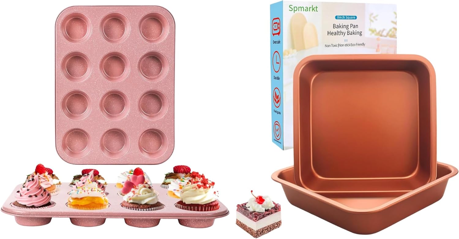 2-Pack Pink Nonstick Muffin Pans|2-Pack 8x8 Inch Orange Square Pan