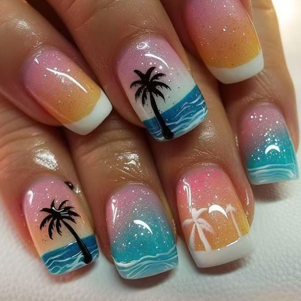 24 Pcs Glossy Full Covers False Nails Short Square Sea and Coconut Tree Stick on Nails Acrylic Nails