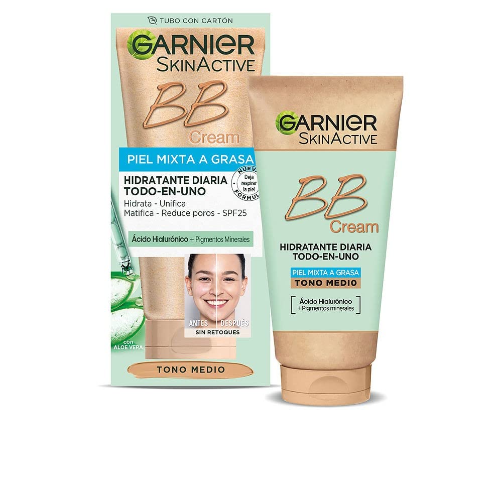 Garnier BB Cream Matificante Para Pieles Mixtas A Grasas FPS 25 con [Ácido Hialuróico + Extracto De Aloe Vera + Pigmentos Minerales] Hidrata, Unifica, Corrige E Ilumina Piel 50 Ml- Tono Medio