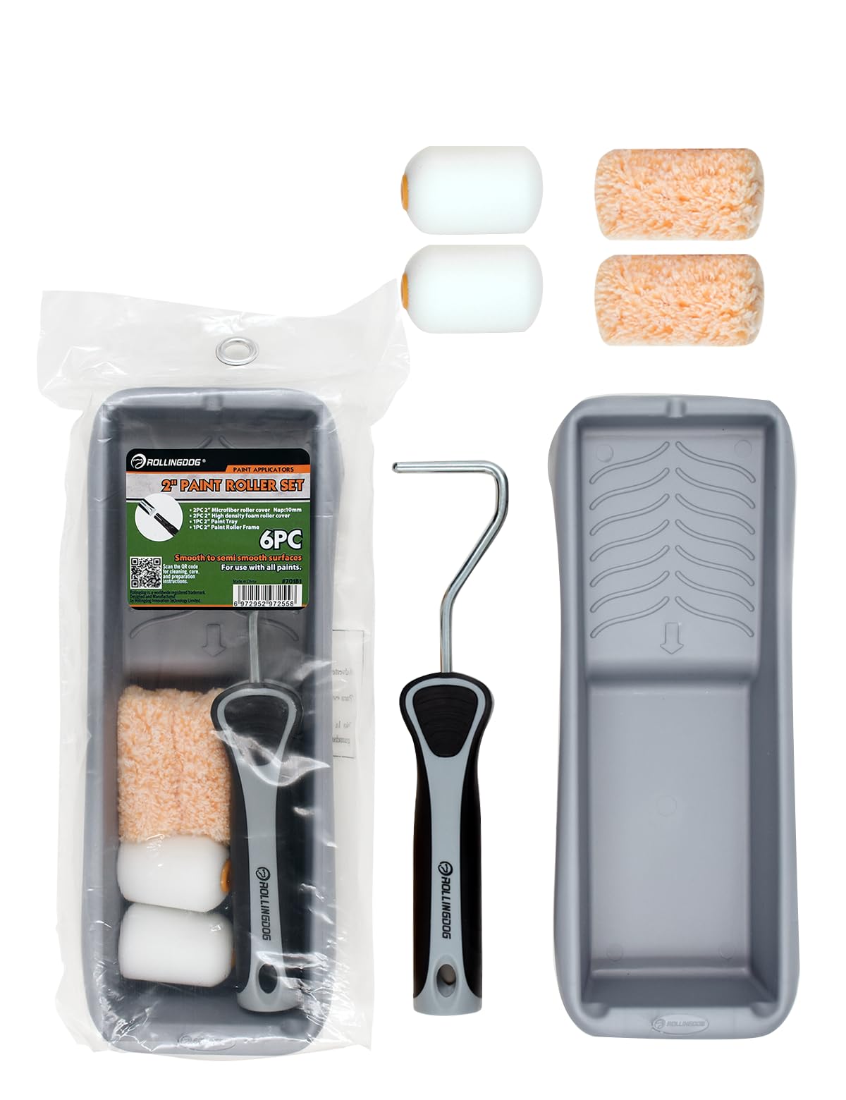Rollingdog Orange & Black Small Paint Roller, Paint Roller And Tray (6 Pcs,2 Inches)