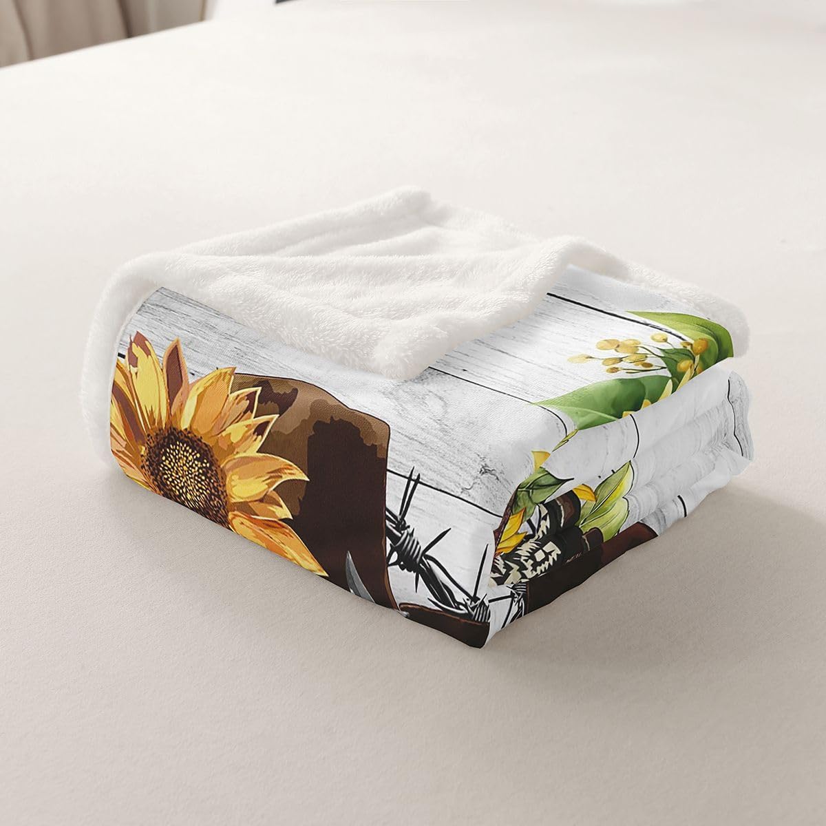 Erosebridal Western Blanket Sunflower Throw Blanket Cowboy Boots for Women,Bohemian Flowers Fleece Blanket 90"x90" Cowboys Gifts for Men,Cowboy Hat Boho Floral Rustic Farmhouse Decor
