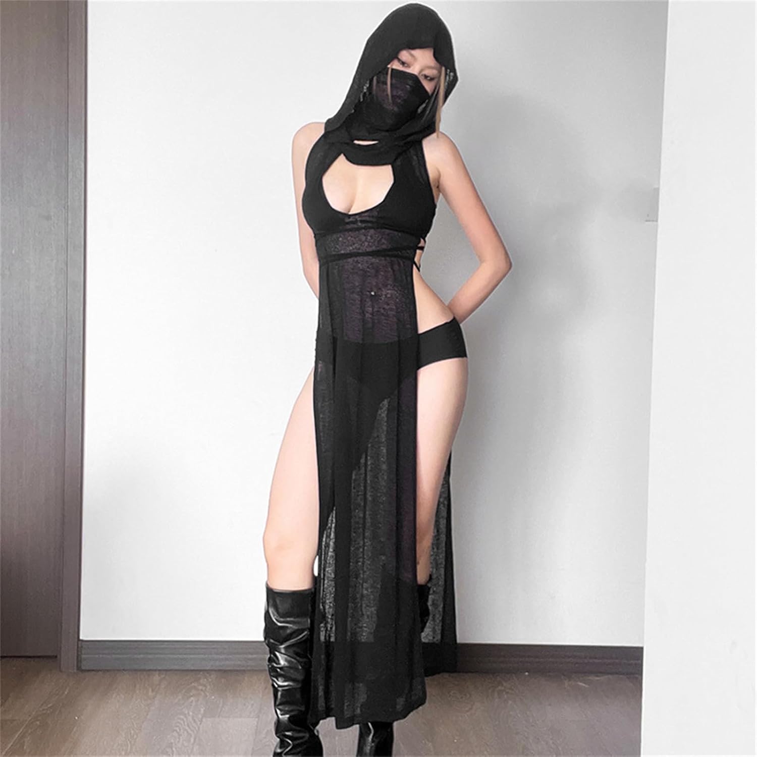 Sexy Y2K Rave Outfits Women Cutout Bodycon Dress Sleeveless Streetwear High Slit Long Hooded Dress wimsuit Cover Ups - Image 4