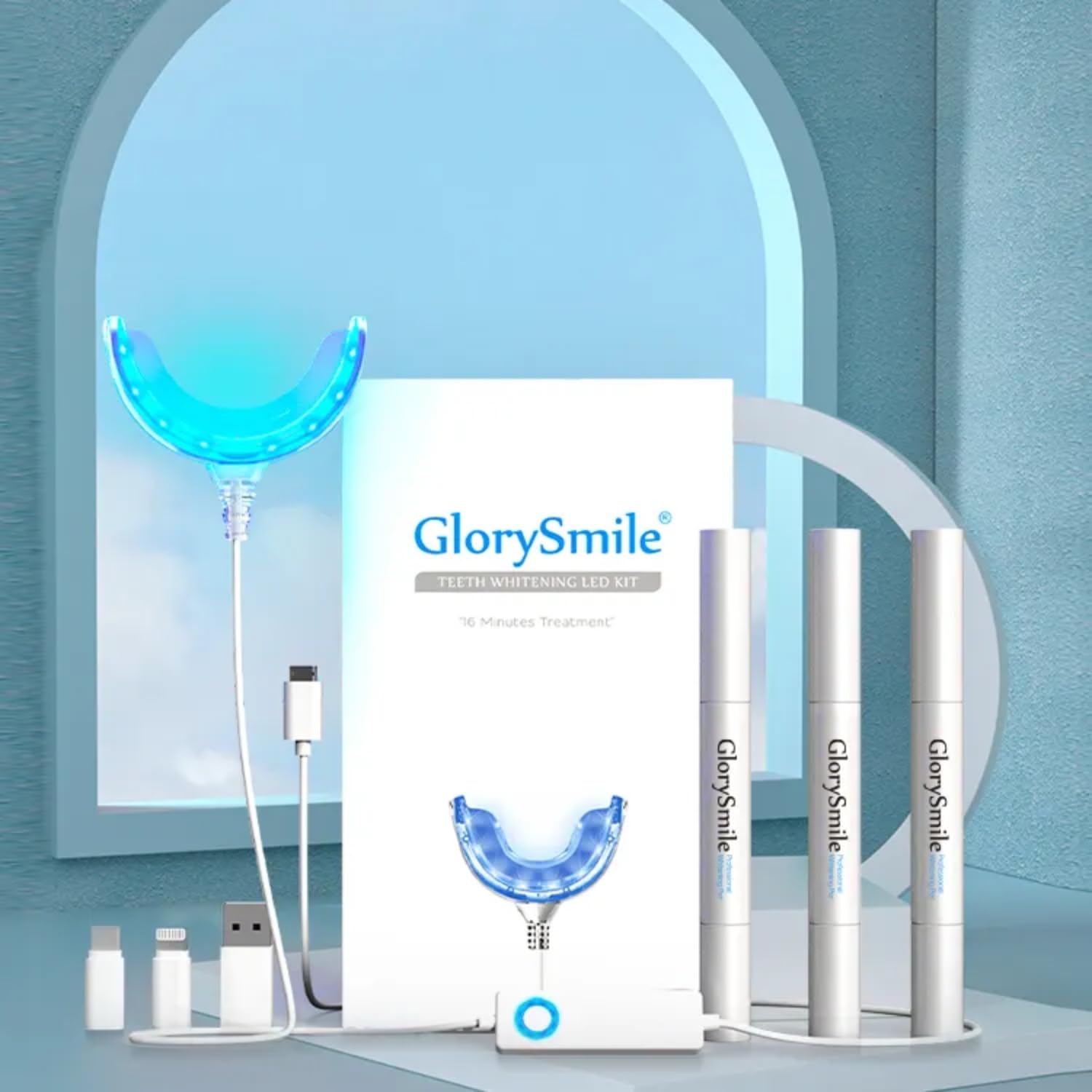GlorySmile Teeth Whitening Kit | 16-Minute LED Treatment | 3 Gel Pens | Enamel Safe | Removes Coffee, Smoking, Food Stains
