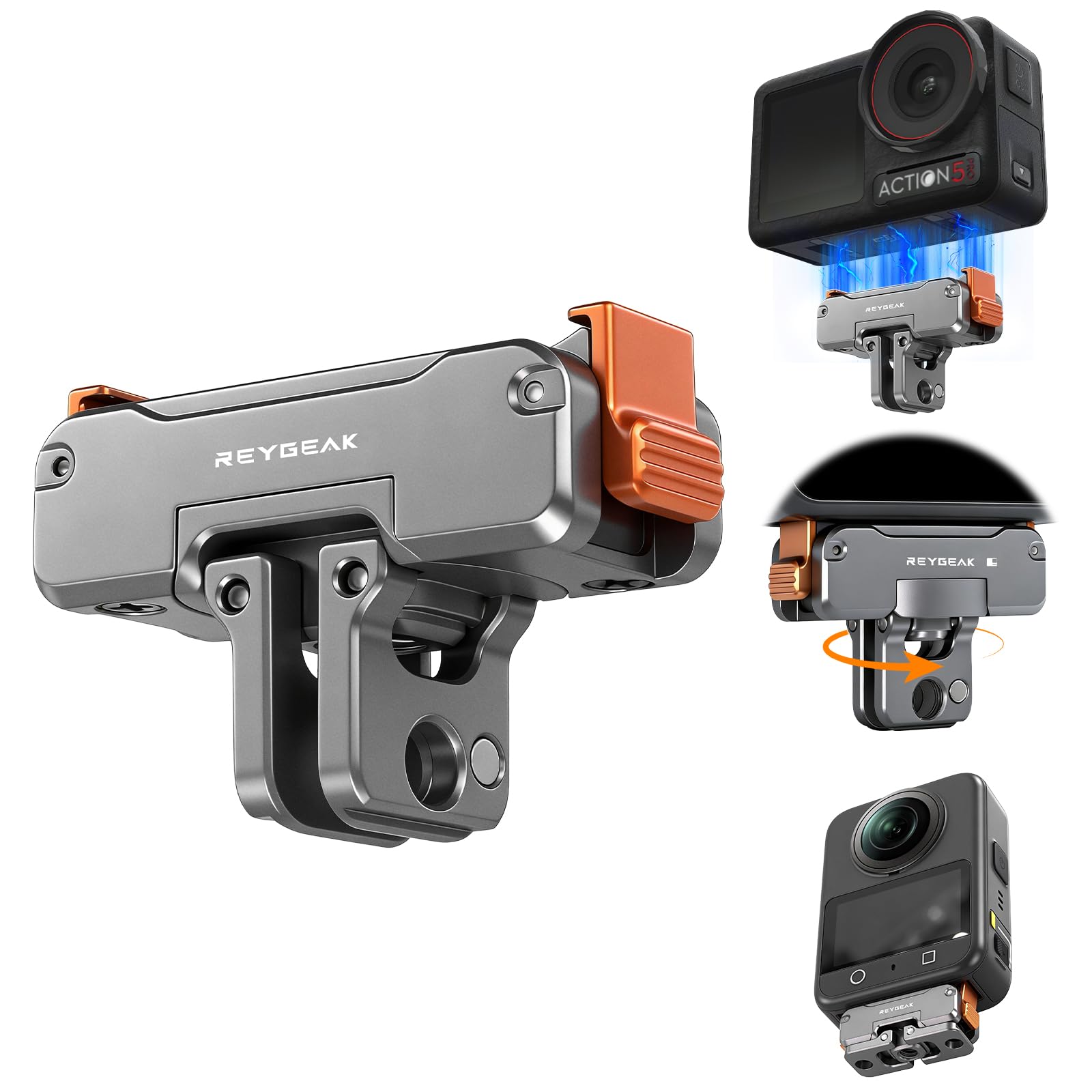 REYGEAK 360° drehbar magnetische Aluminium-Schnellspanner-Halterung für DJI Action 6/Nano/Action 5/4/3, Aluminium CNC geschnitzt magnetische Adapterhalterung mit 1/4-Zoll-Schrauben (für Action 5/4/3)
