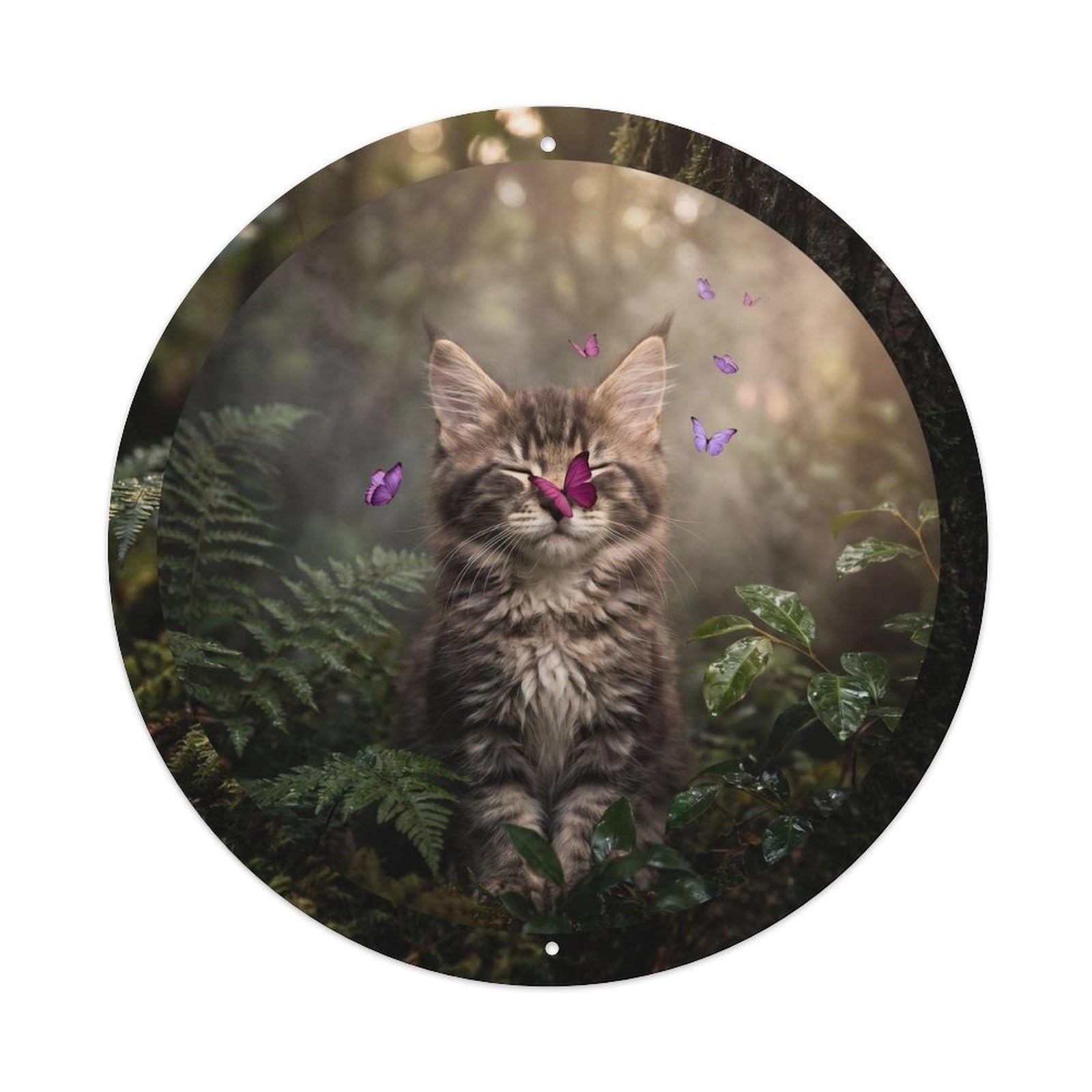 Maine Coon Kitten Zen Pet Portrait Calm Forest Nature Cute Metal Tin Sign Plaque Wall Decor for Cafe, Man Cave, Club Bar, Office, Home Garden Round Metal Poster 8x8Inch