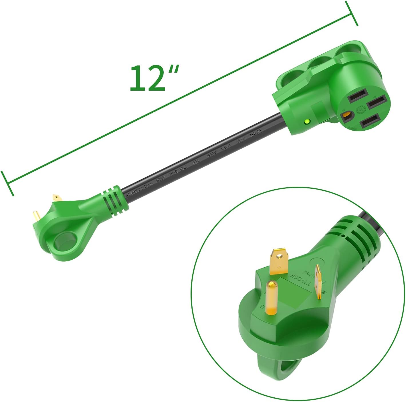RVGUARD 30 Amp to 50 Amp RV Adapter Cord 12 Inch, TT-30P Male to 14-50R Female, Dogbone Electrical Converter with LED Power Indicator and Disconnect Handle, Green : Automotive