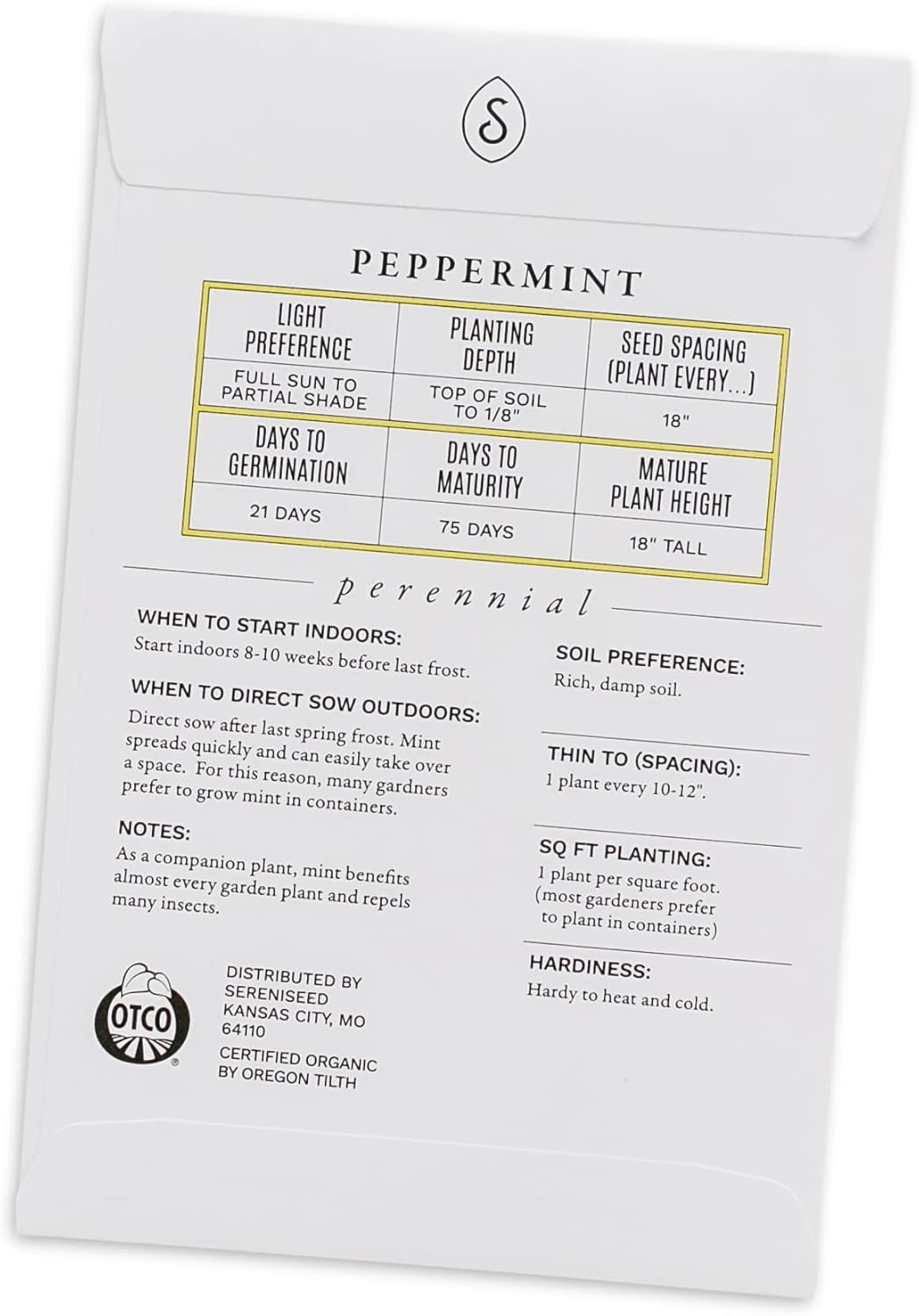 Sereniseed Certified Organic Peppermint Seeds 100 Non