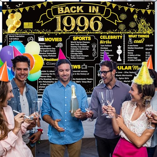 Image of DARUNAXY 30th Birthday Black Gold Party Decoration, Back in 1996 Banner 30 Year Old Birthday Party Poster Supplies Vintage 1996 Backdrop Photography Background for Men & Women 30th Class Reunion Decor