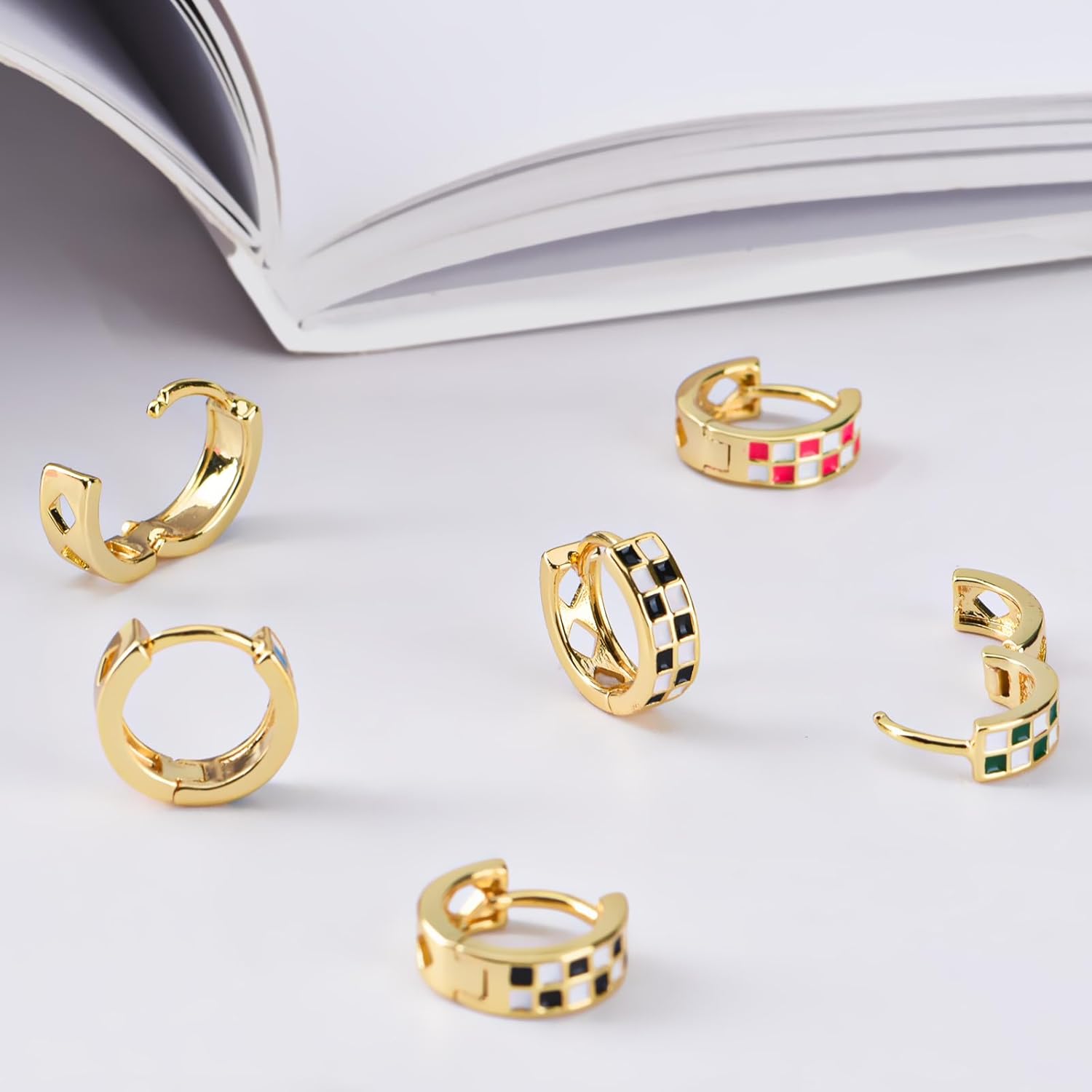 Small Checkered Hoop Earrings, Multicolor Enamel Hoops Earrings for Women, Tiny Round Circle Huggie Hypoallergenic Earrings Piercing Jewellery Gift for Women - Image 4