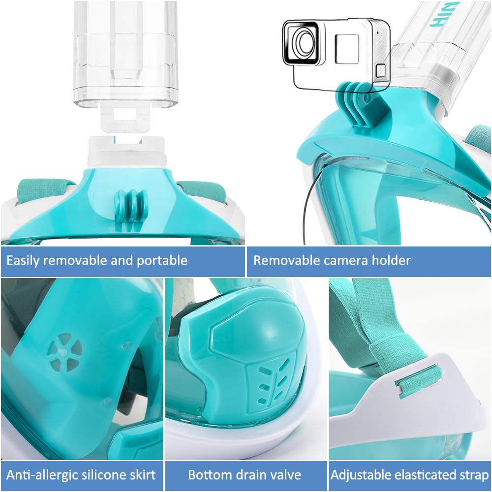 Maschera Snorkeling Integrale Adulti,Anti-fog Maschera Subacquea Doppia Flottante,180° Maschera Boccaglio Snorkeling Anti-Leak Supporto Camera,Maschera Sub Adulto Bambini