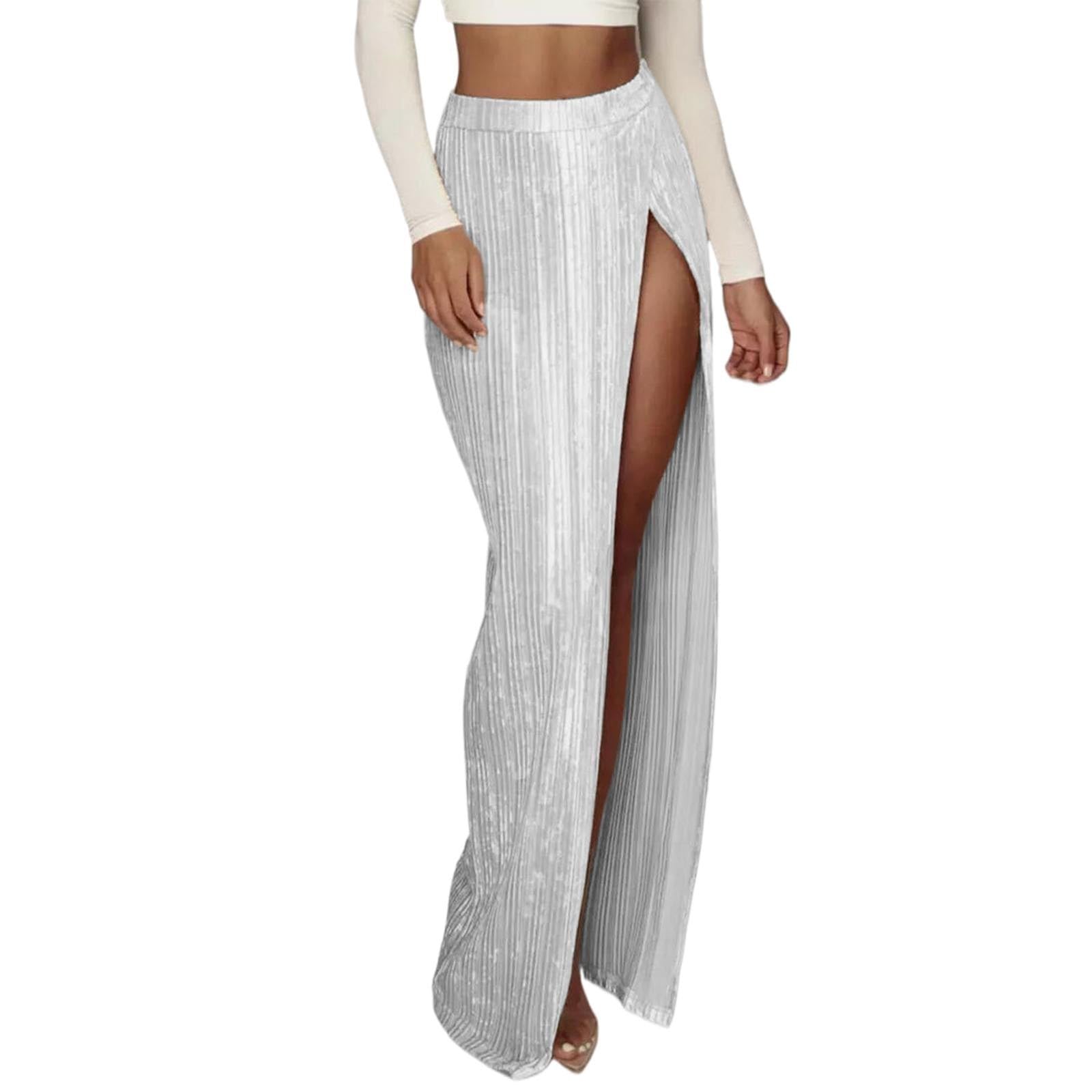 Femmes Printemps Minceur Rayures Élégant Haute Split Paillettes Couleur Unie Jupe Pantalon avec Cousu, Blanc., L
