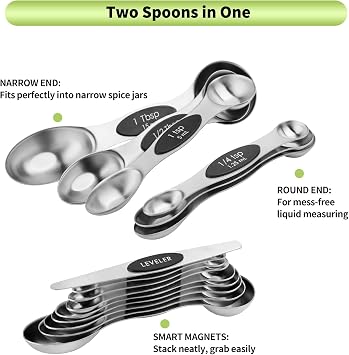 Magnetic Measuring Spoons Set Stainless Steel with Leveler, Dual-Sided Metal Measuring Spoons for Baking & Cooking, Fits in Spice Jars, Must-have Kitchen Gadgets, 8 Measuring Spoons & 1 Leveler, Black