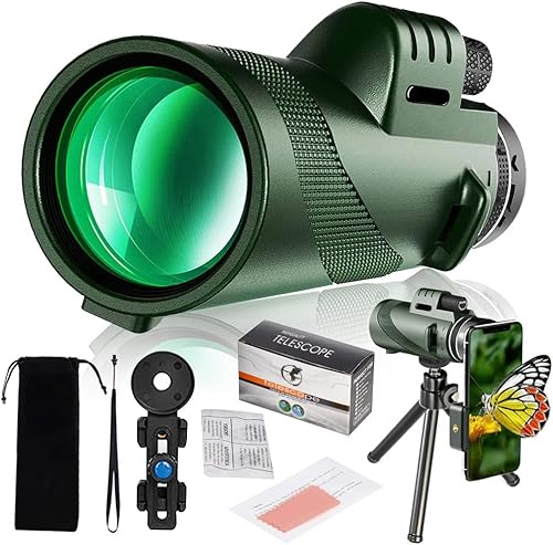 Telescopio monocular HD de 80 x 100 para adultos con smartphone, monocular de alta potencia con adaptador, prisma BAK-4 ligero y monoculares de