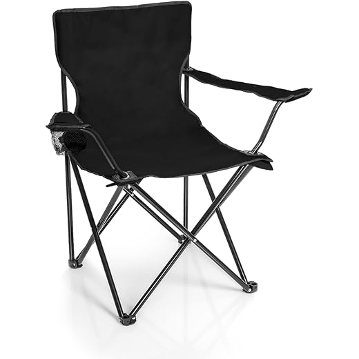 BigDean Black Folding Camping Chair with Drink Holder and Carry Bag - Garden, Outdoor, Fishing, Relaxing, Sturdy, Metal Oxford Fabric